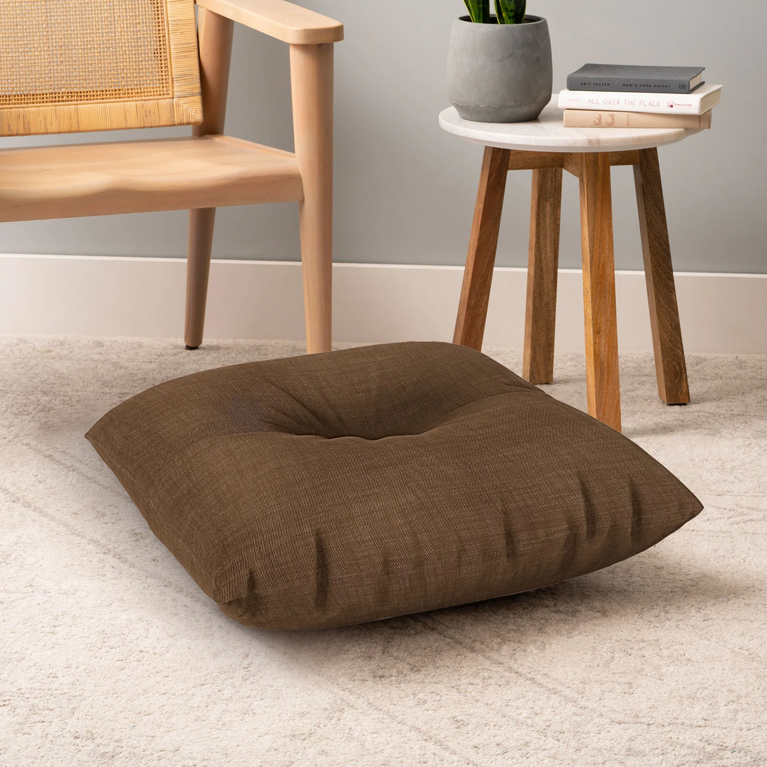 Avenie Cozy Linen Effect In Coffee Floor Pillow Square - Image 6