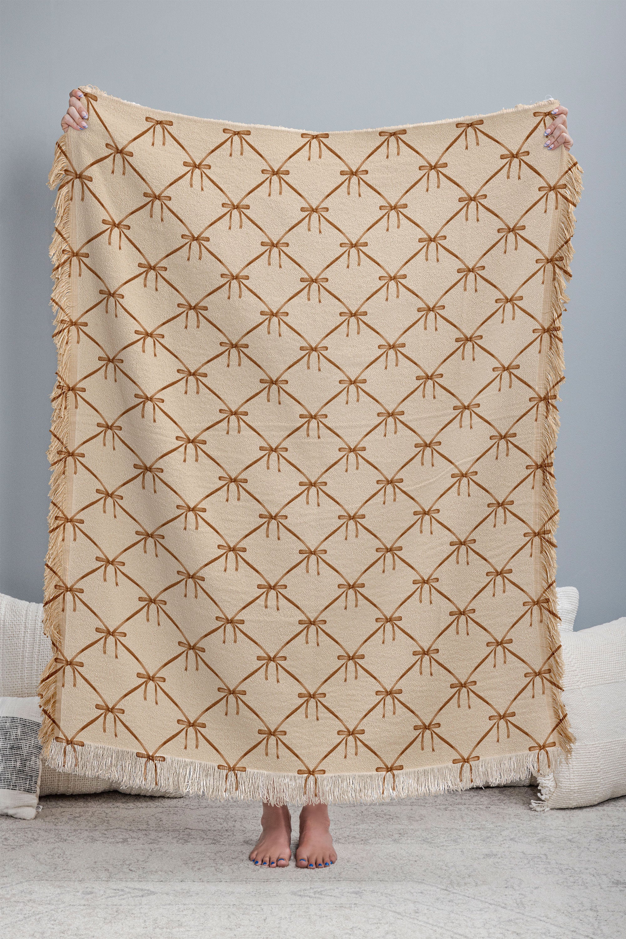 Colour Poems Bows and Ribbons Beige Throw Blanket - Image 3
