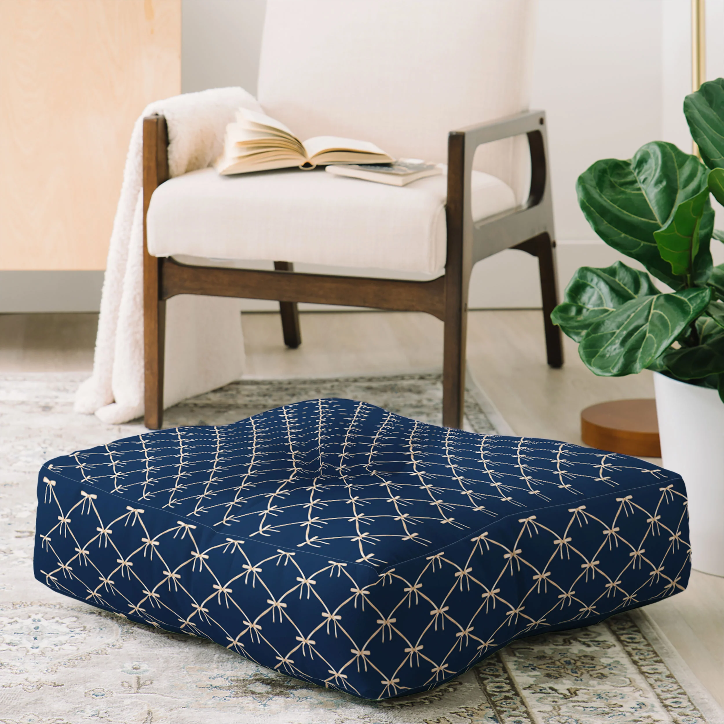 Colour Poems Bows and Ribbons Blue Floor Pillow Square - Image 2