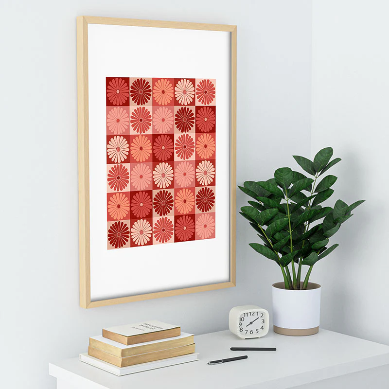 Colour Poems Checker Daisies I Red Pink Recessed Framing Rectangle - Image 30