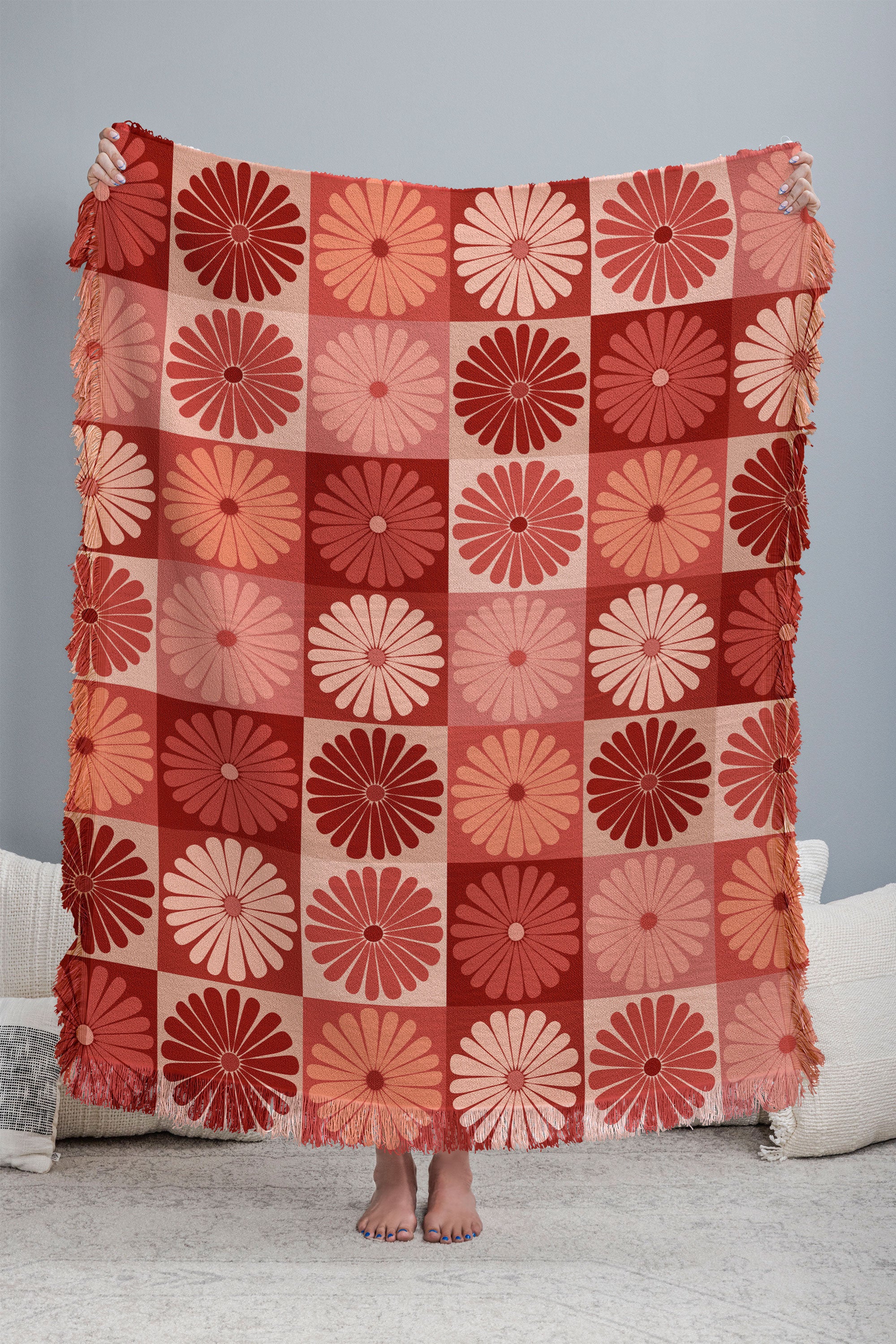 Colour Poems Checker Daisies I Red Pink Throw Blanket - Image 3