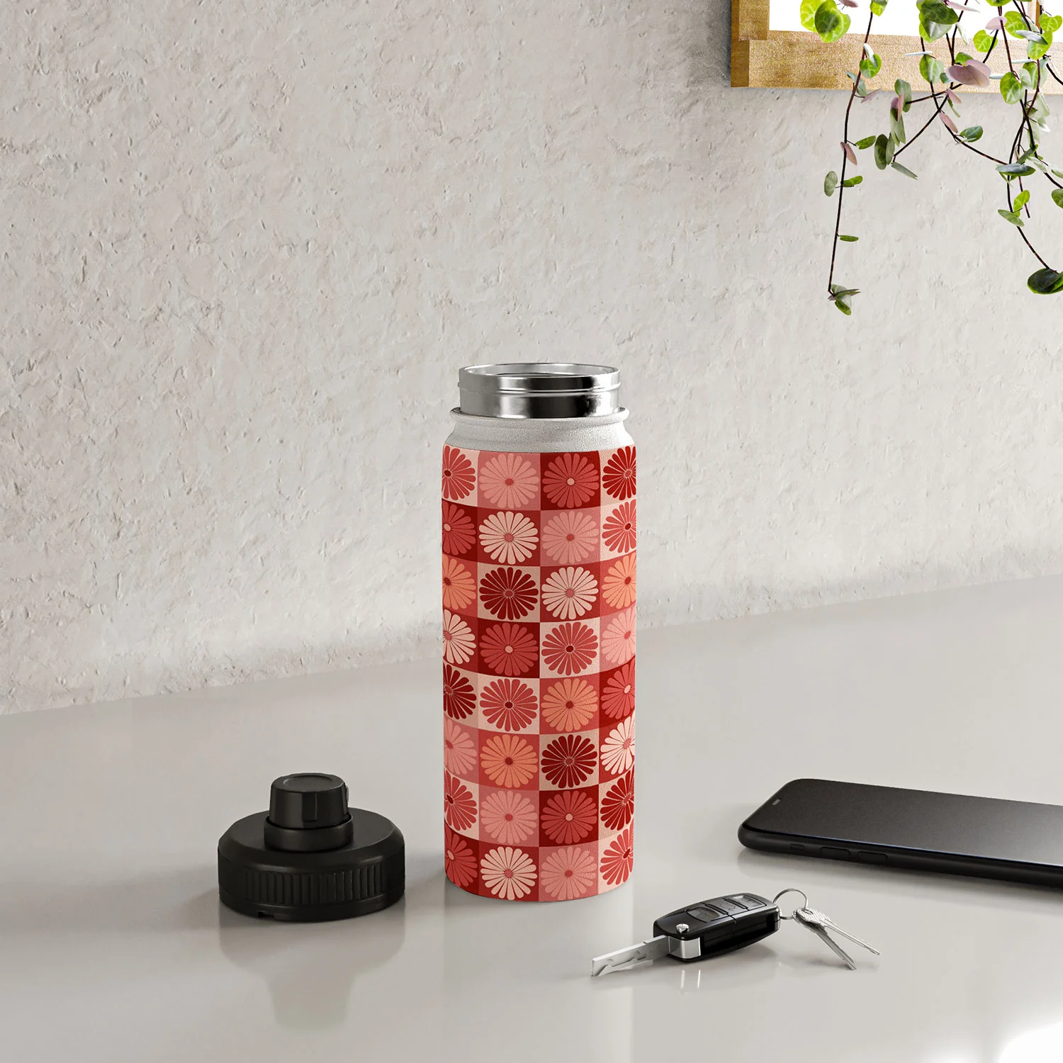 Colour Poems Checker Daisies I Red Pink Water Bottle - Image 16