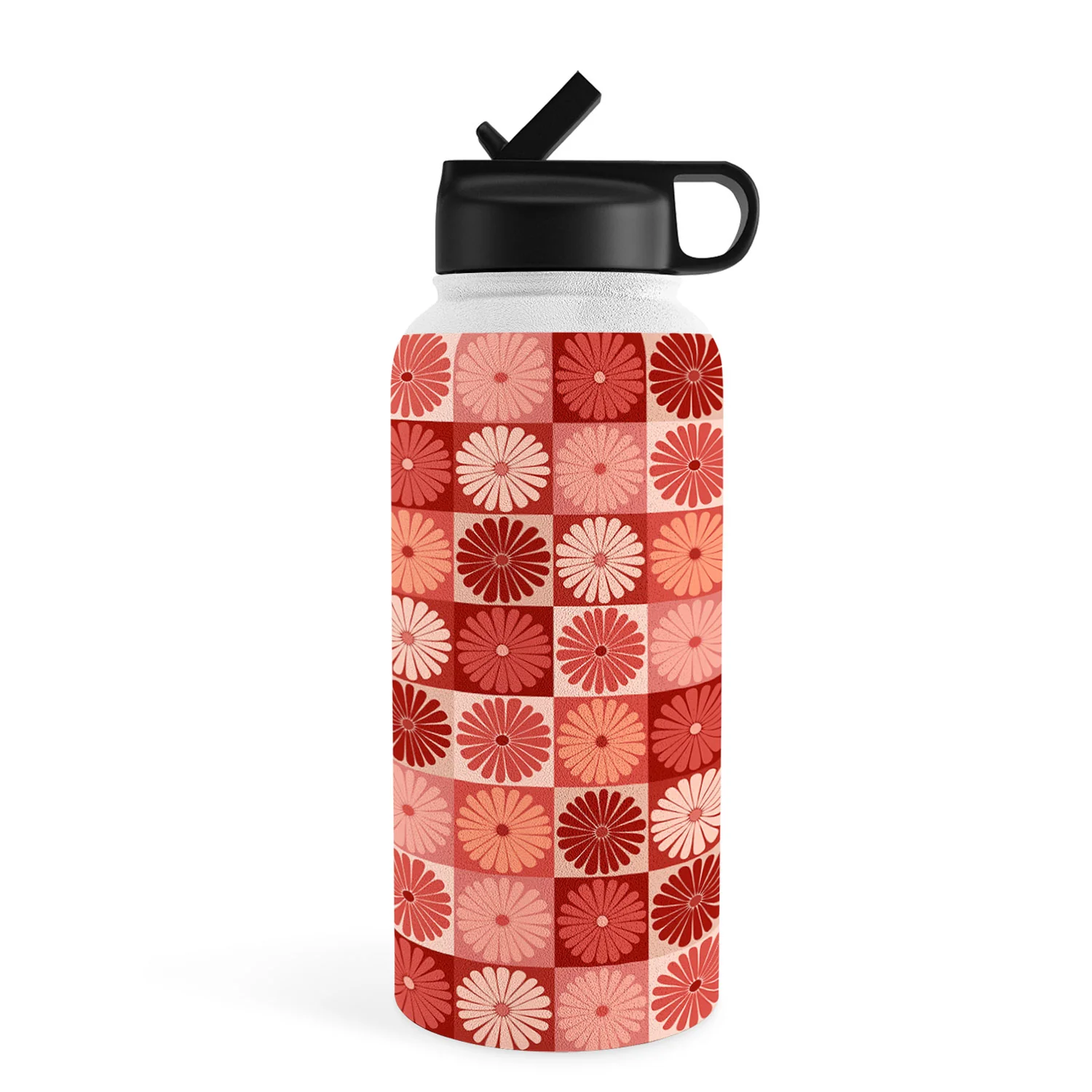 Colour Poems Checker Daisies I Red Pink Water Bottle - Image 29