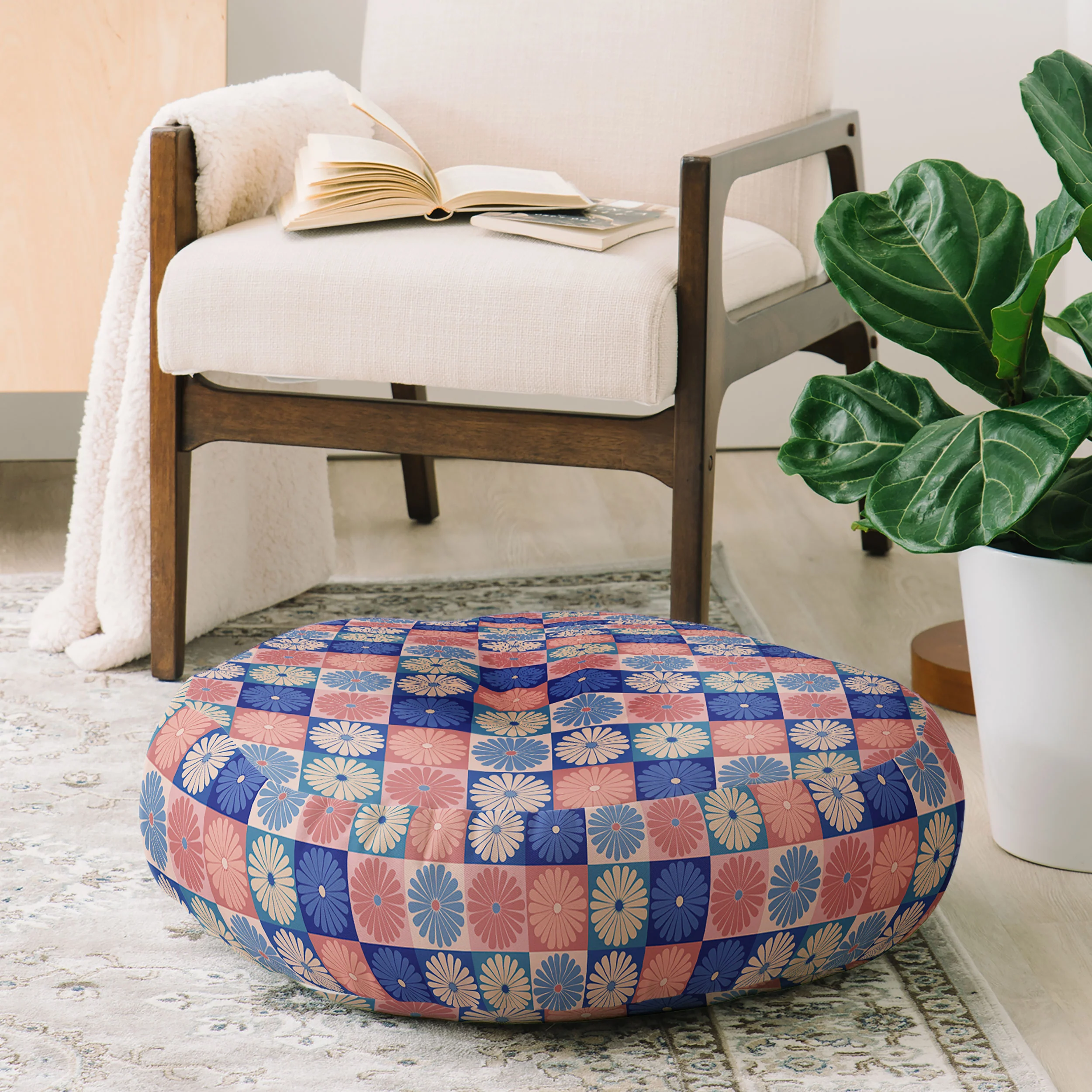 Colour Poems Checker Daisies II Blue Pink Floor Pillow Round - Image 2