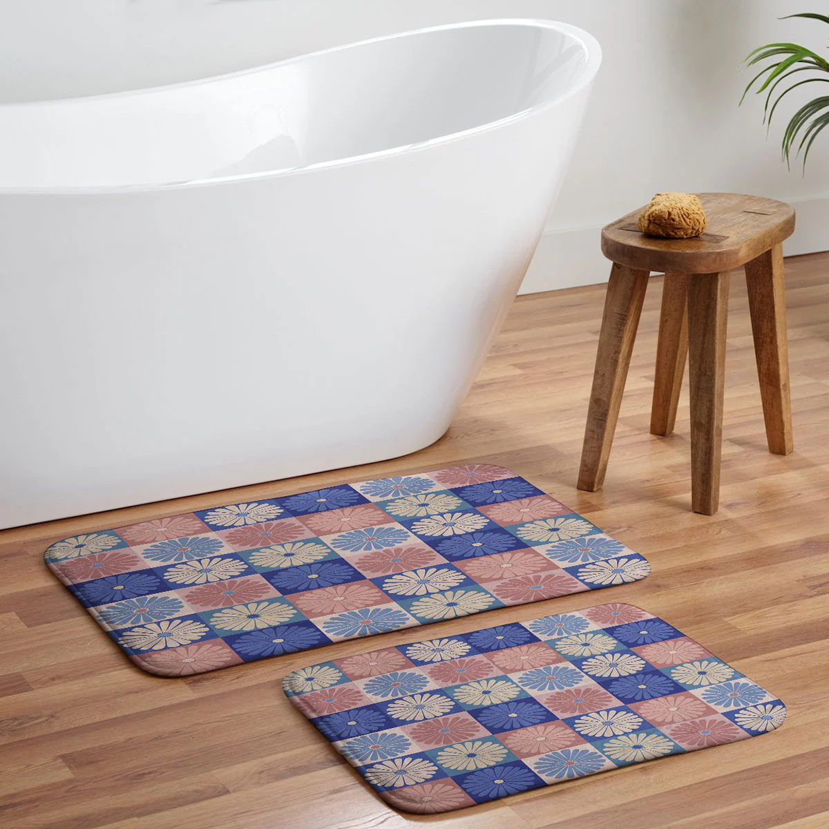 Colour Poems Checker Daisies II Blue Pink Memory Foam Bath Mat - Image 5