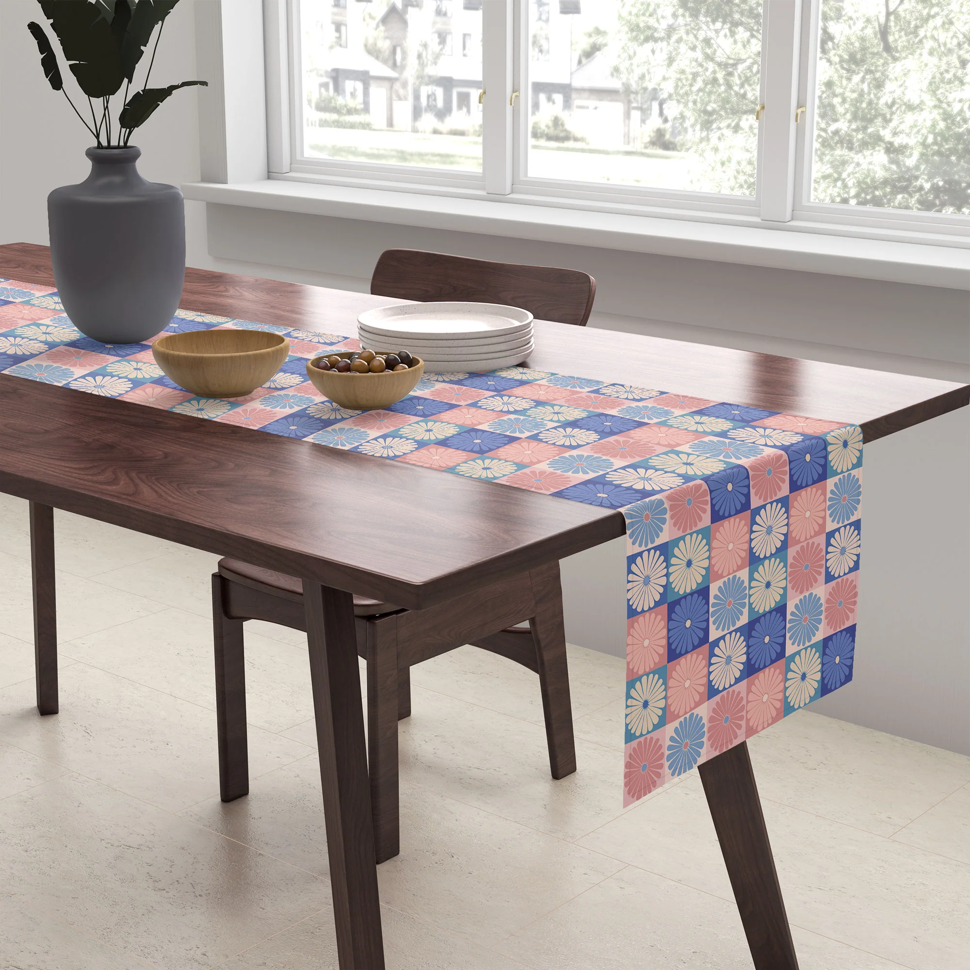Colour Poems Checker Daisies II Blue Pink Table Runner - Image 2