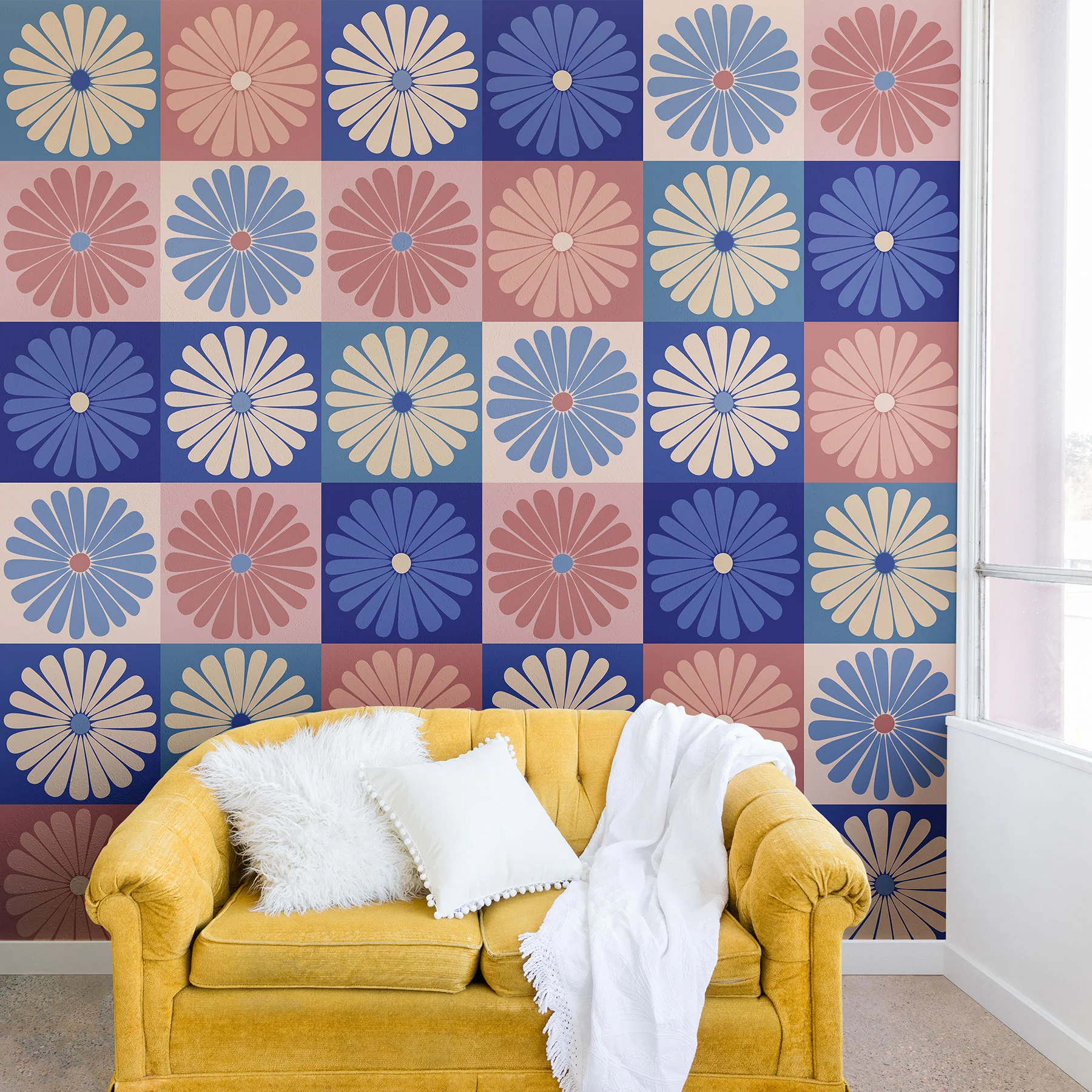 Colour Poems Checker Daisies II Blue Pink Wall Mural - Image 3