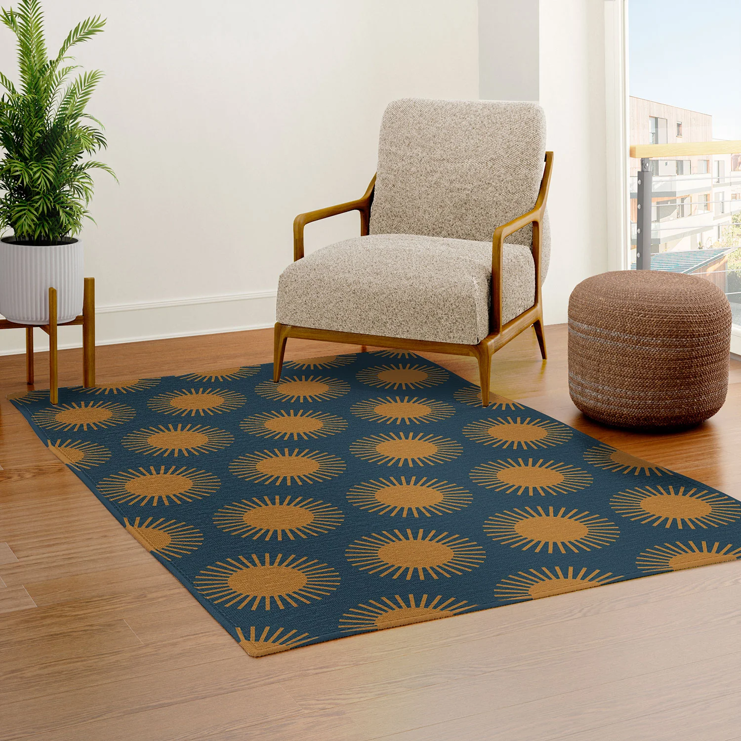 Colour Poems Cheerful Sun Pattern Navy Blue Area Rug - Image 13