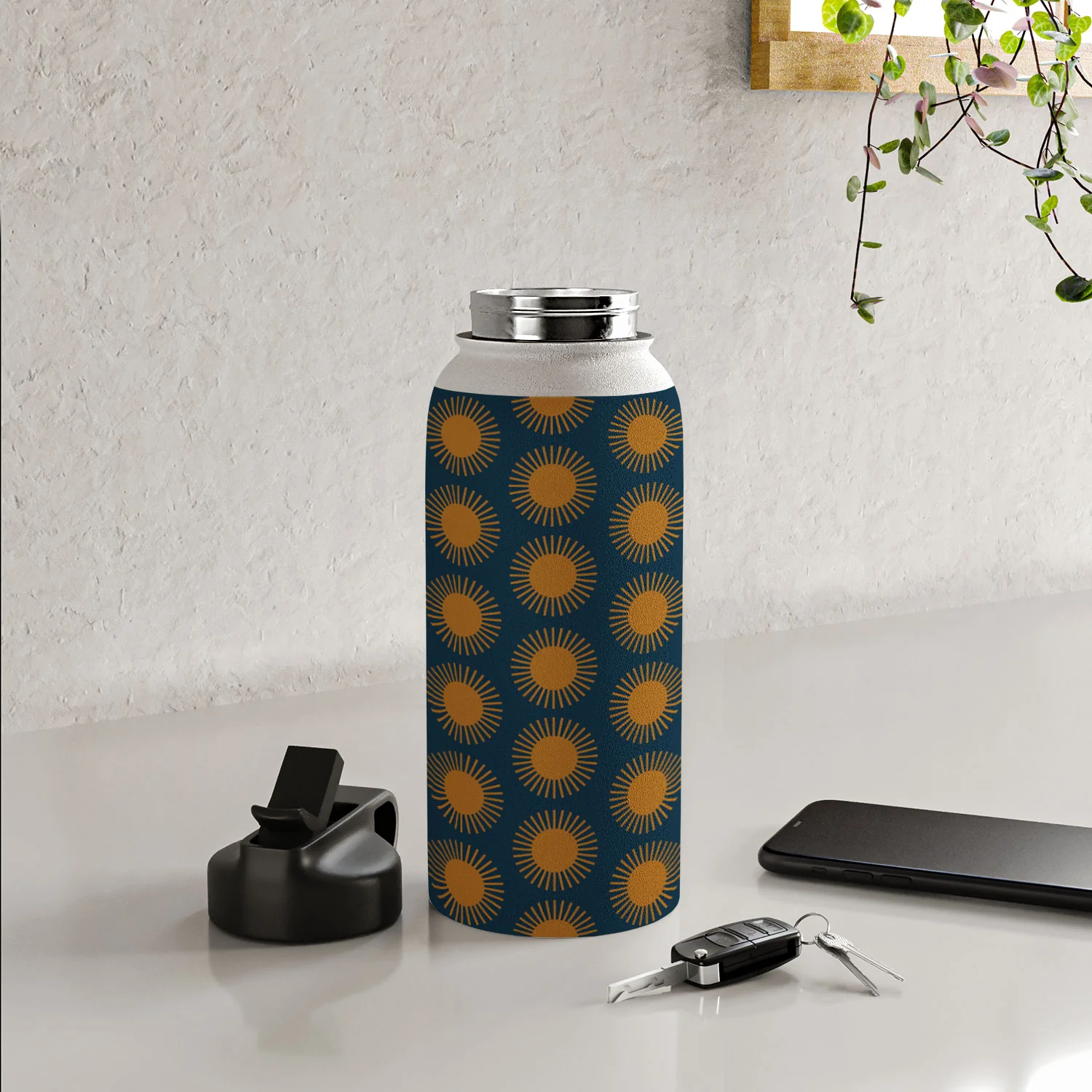 Colour Poems Cheerful Sun Pattern Navy Blue Water Bottle - Image 32