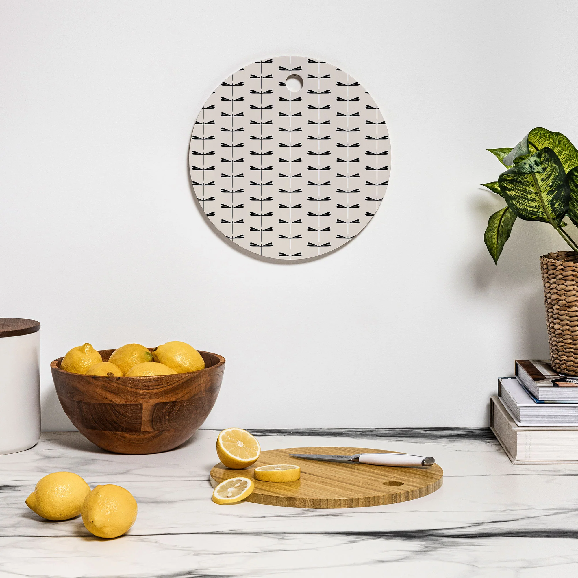 Colour Poems Dragonfly Pattern Black White Cutting Board Round - Image 3