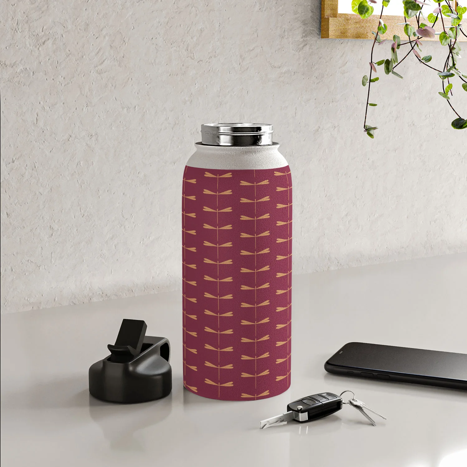 Colour Poems Dragonfly Pattern Mauve Water Bottle - Image 32