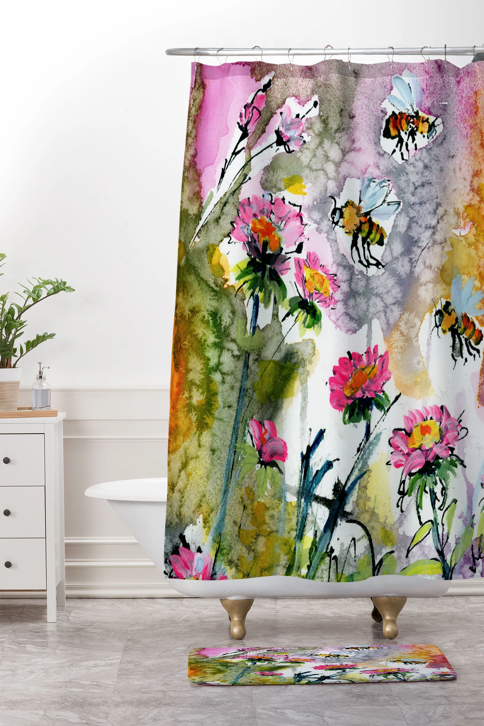 Ginette Fine Art Pink Flowers and Bees Memory Foam Bath Mat - Image 4