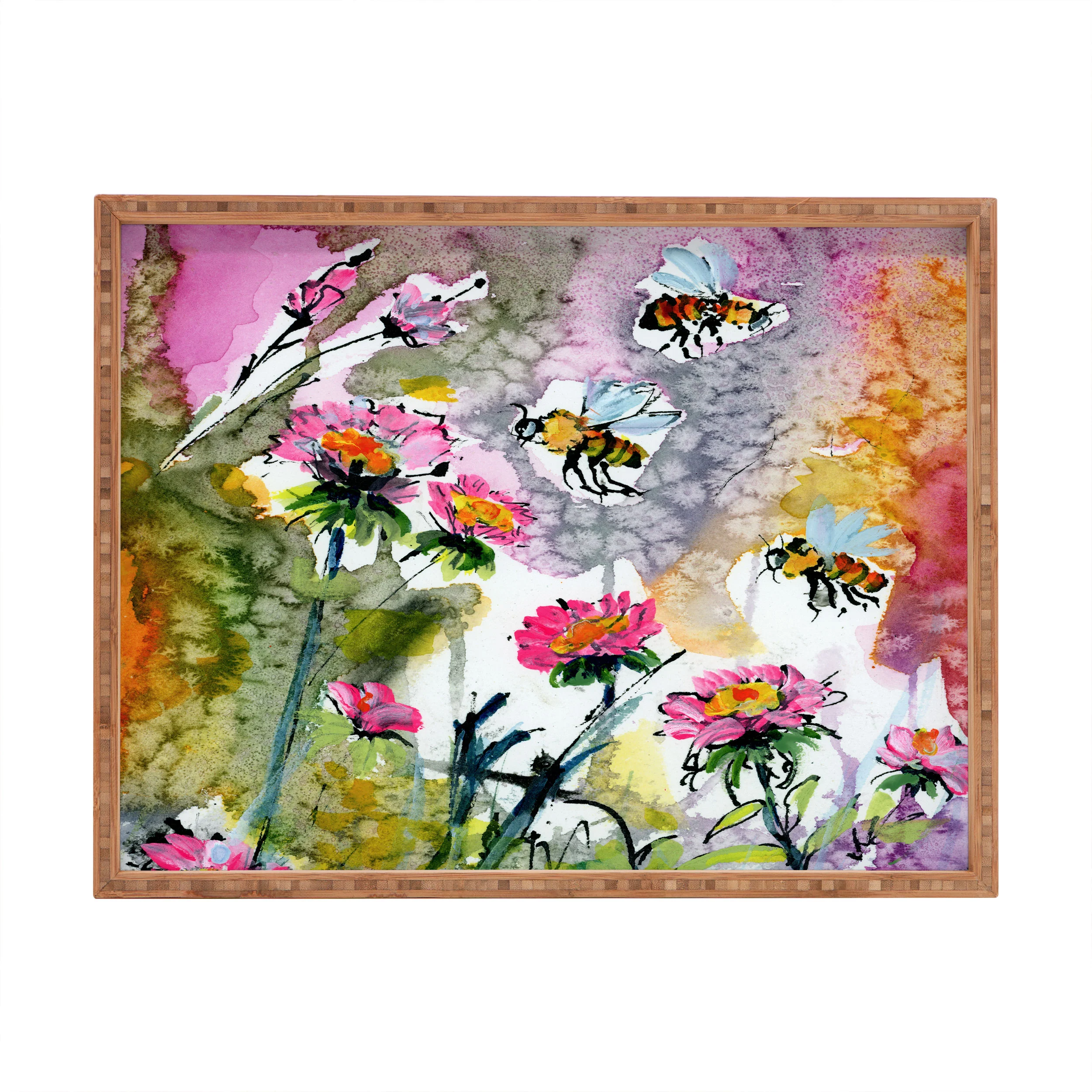 Ginette Fine Art Pink Flowers and Bees Rectangular Tray