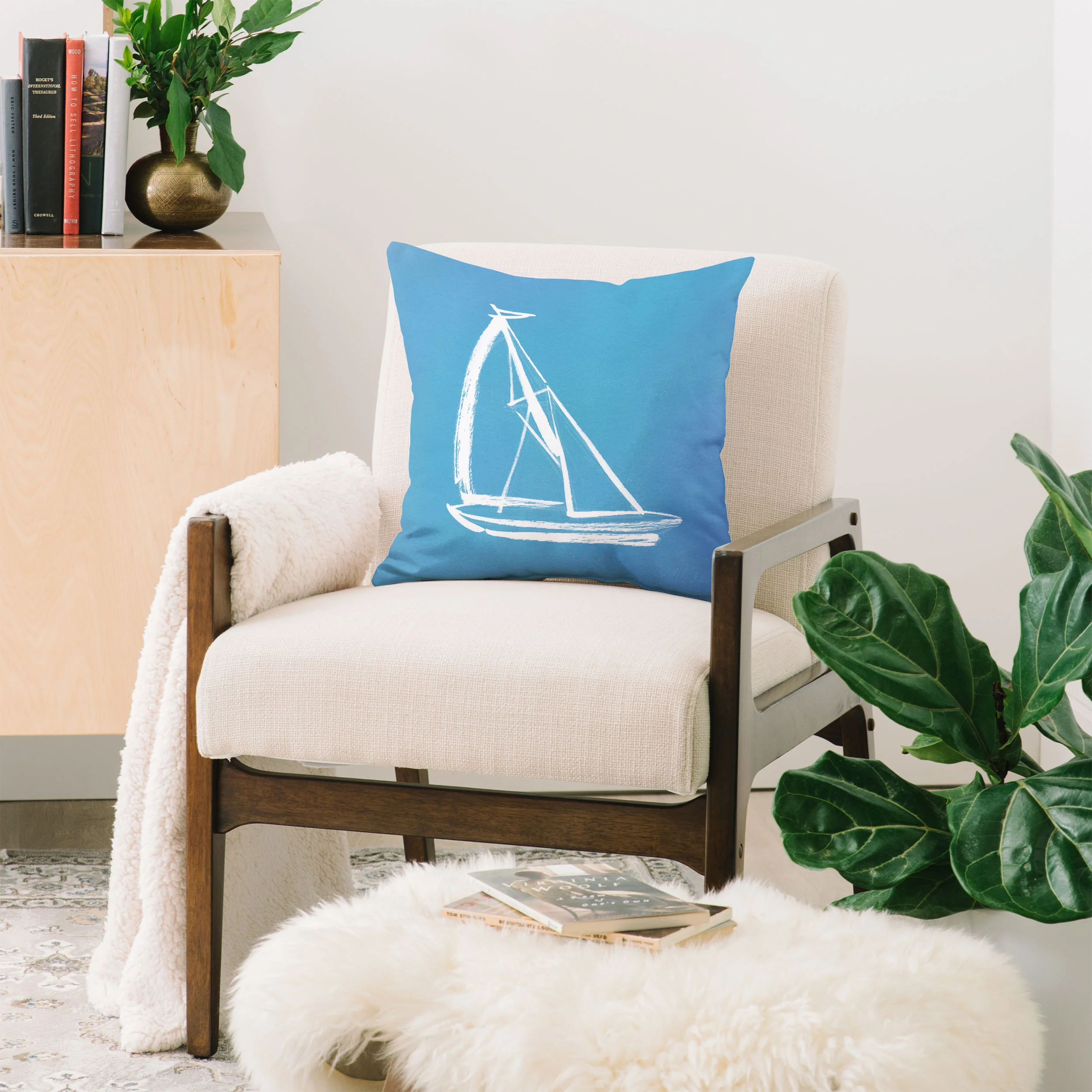Intemporalis Sailboat Drawing Blue Throw Pillow - Image 2