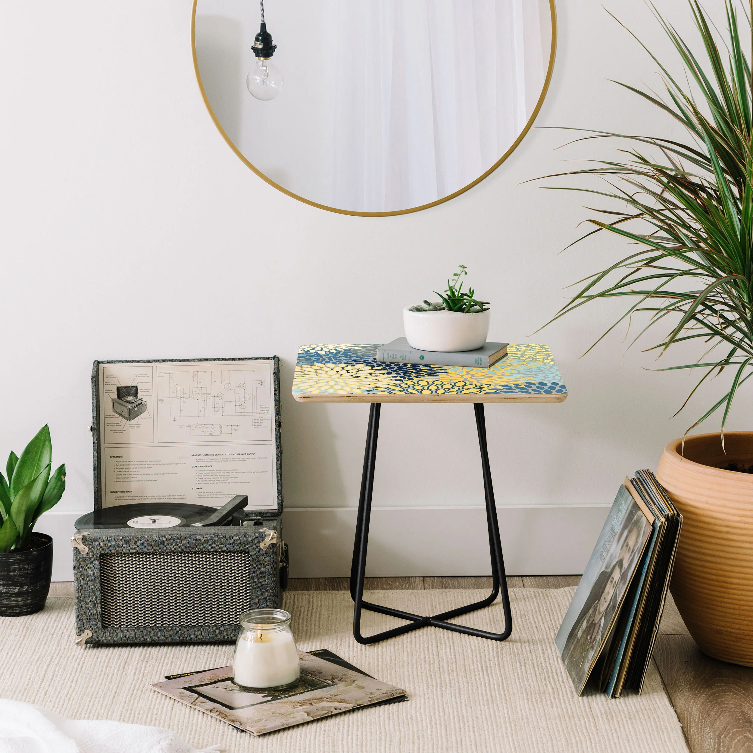 Megan Morris Floral Print Yellow Gray Blue Side Table - Image 8