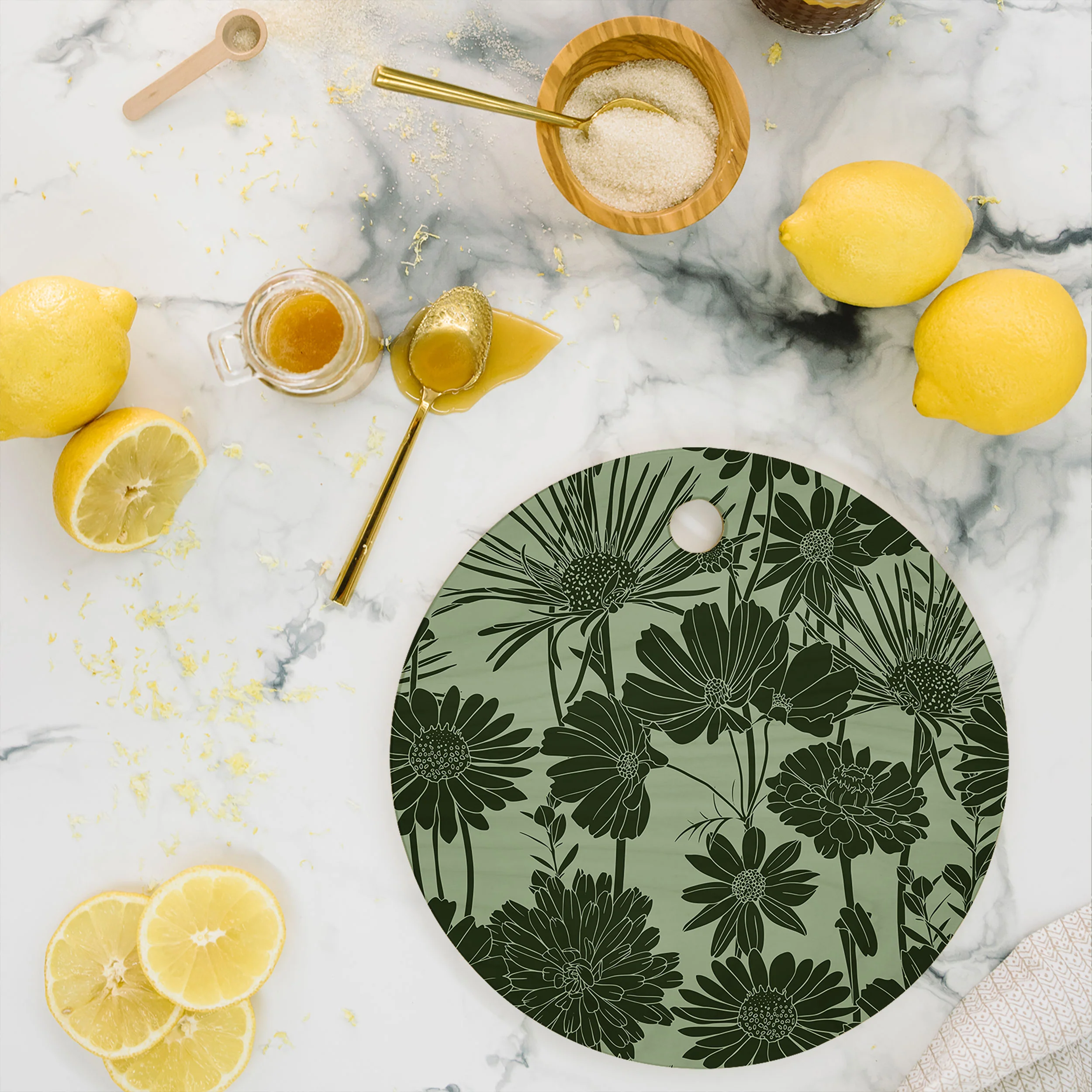 Megan Morris Floral Prints Dark Green Cutting Board Round - Image 2