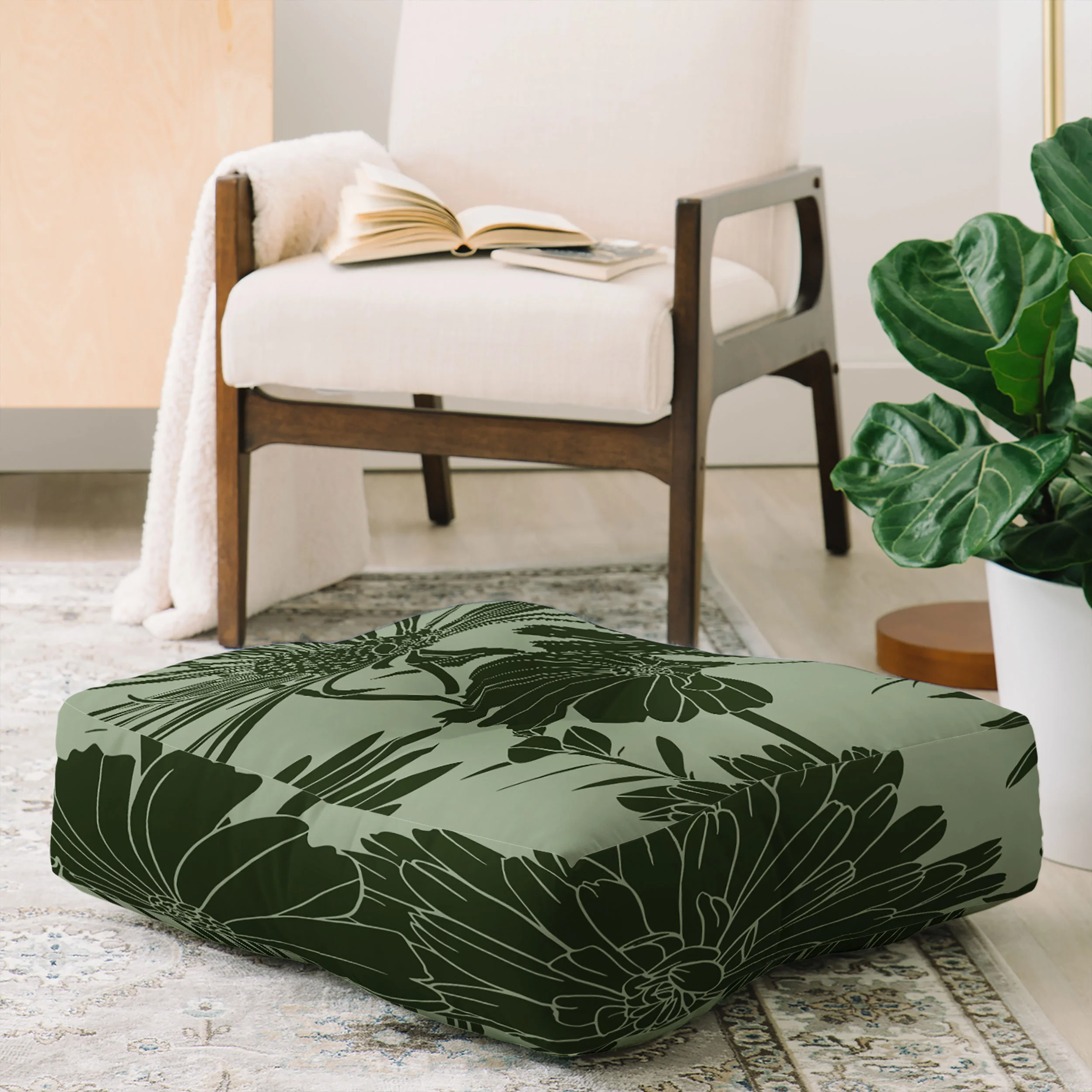 Megan Morris Floral Prints Dark Green Floor Pillow Square - Image 2