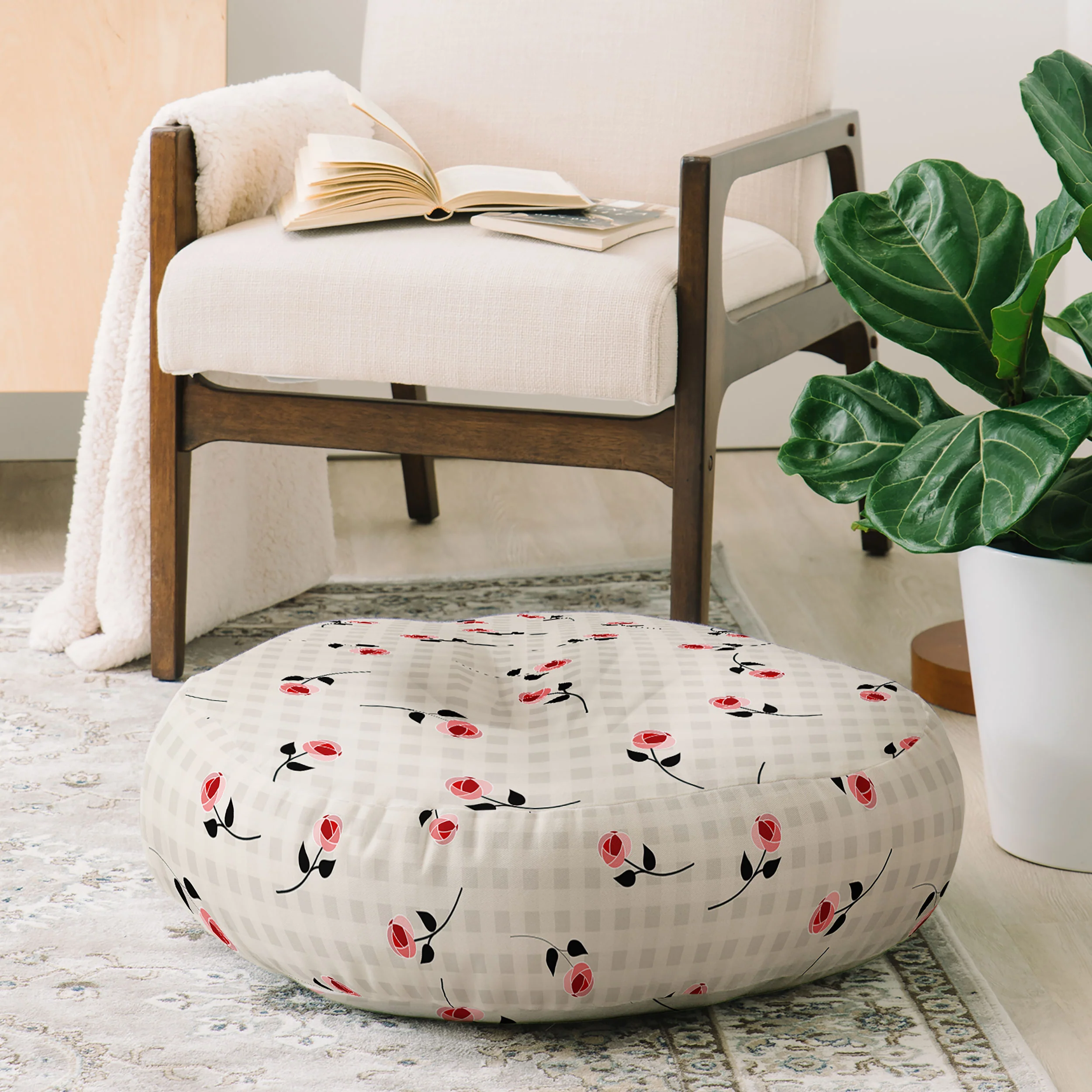 Mirimo Tiny roses on gingham Floor Pillow Round - Image 2