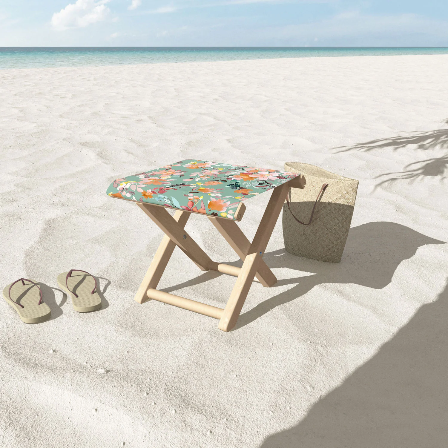 Ninola Design Botanic Retreat Floral Oleander Whimsical Teal Green Folding Stool - Image 3