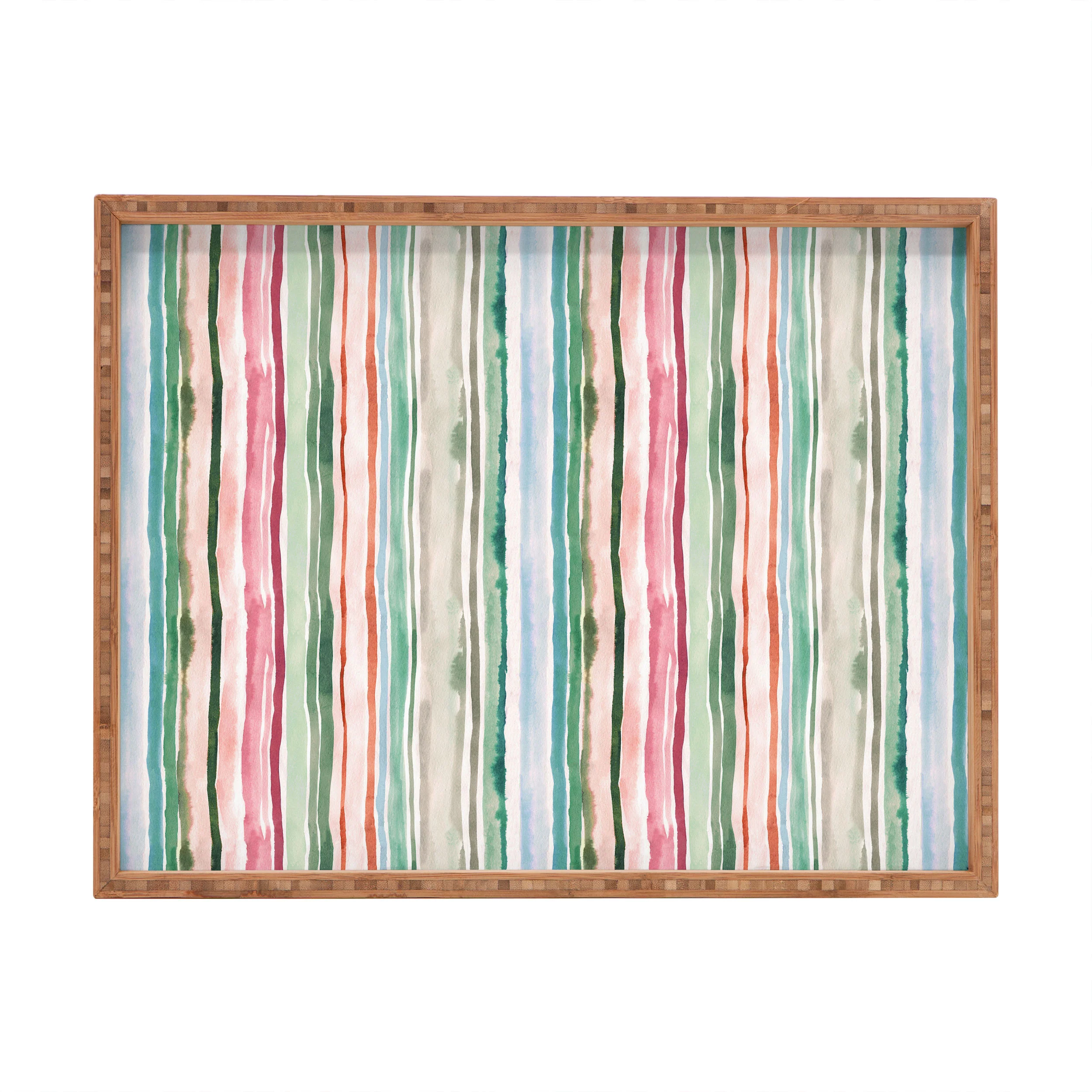 Ninola Design Botanic Retreat Watercolor Stripes Green Orange Red Rectangular Tray