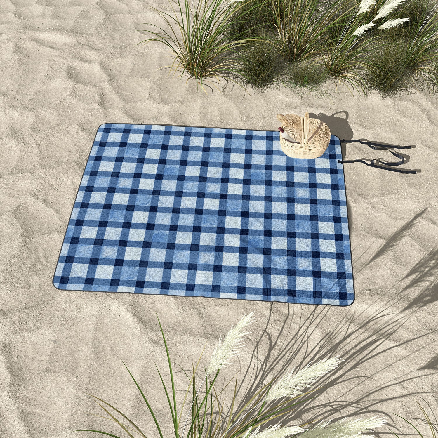 Ninola Design Checker Mosaic Navy Blue Picnic Blanket - Image 3