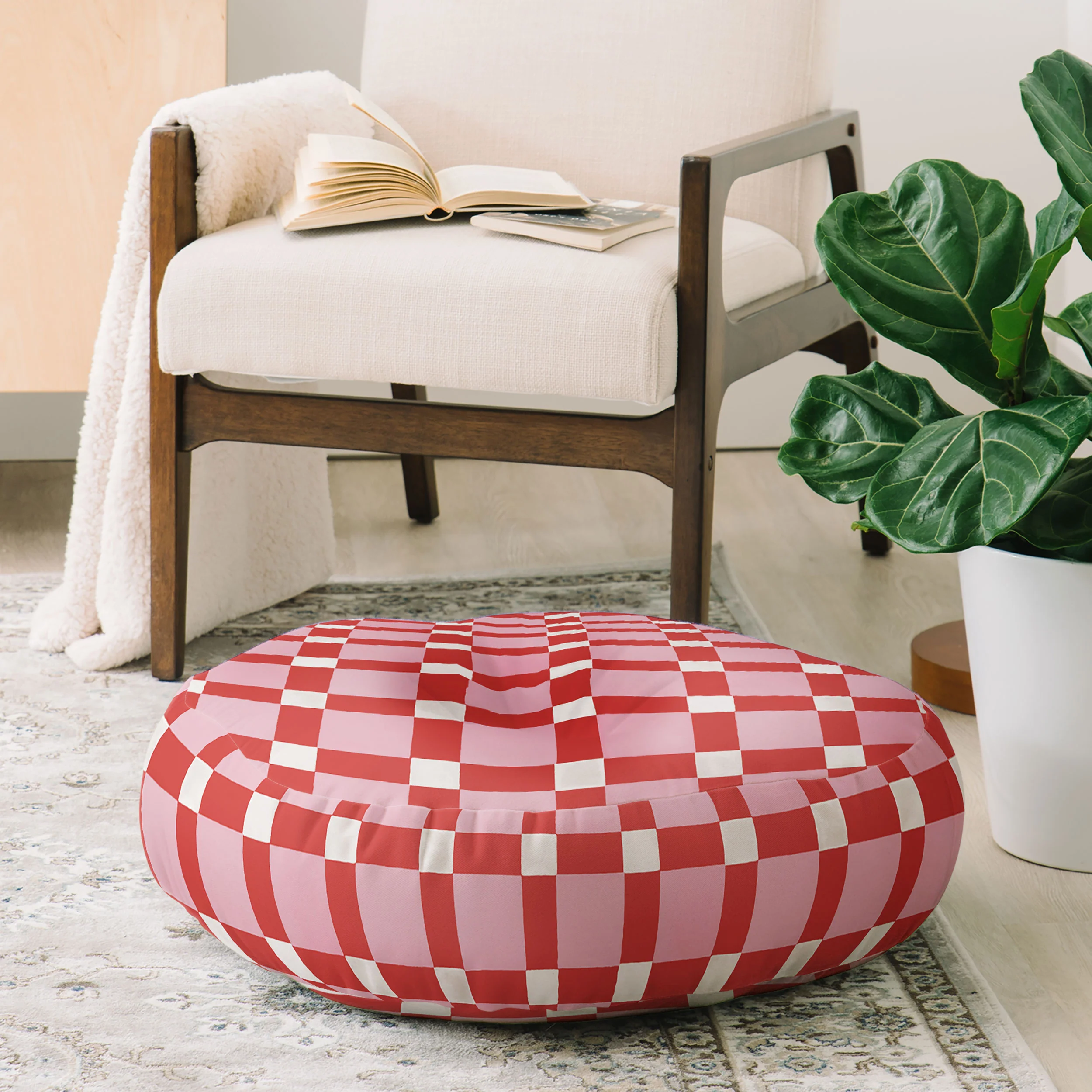 Ninola Design Checker Mosaic Pink Red Floor Pillow Round - Image 2