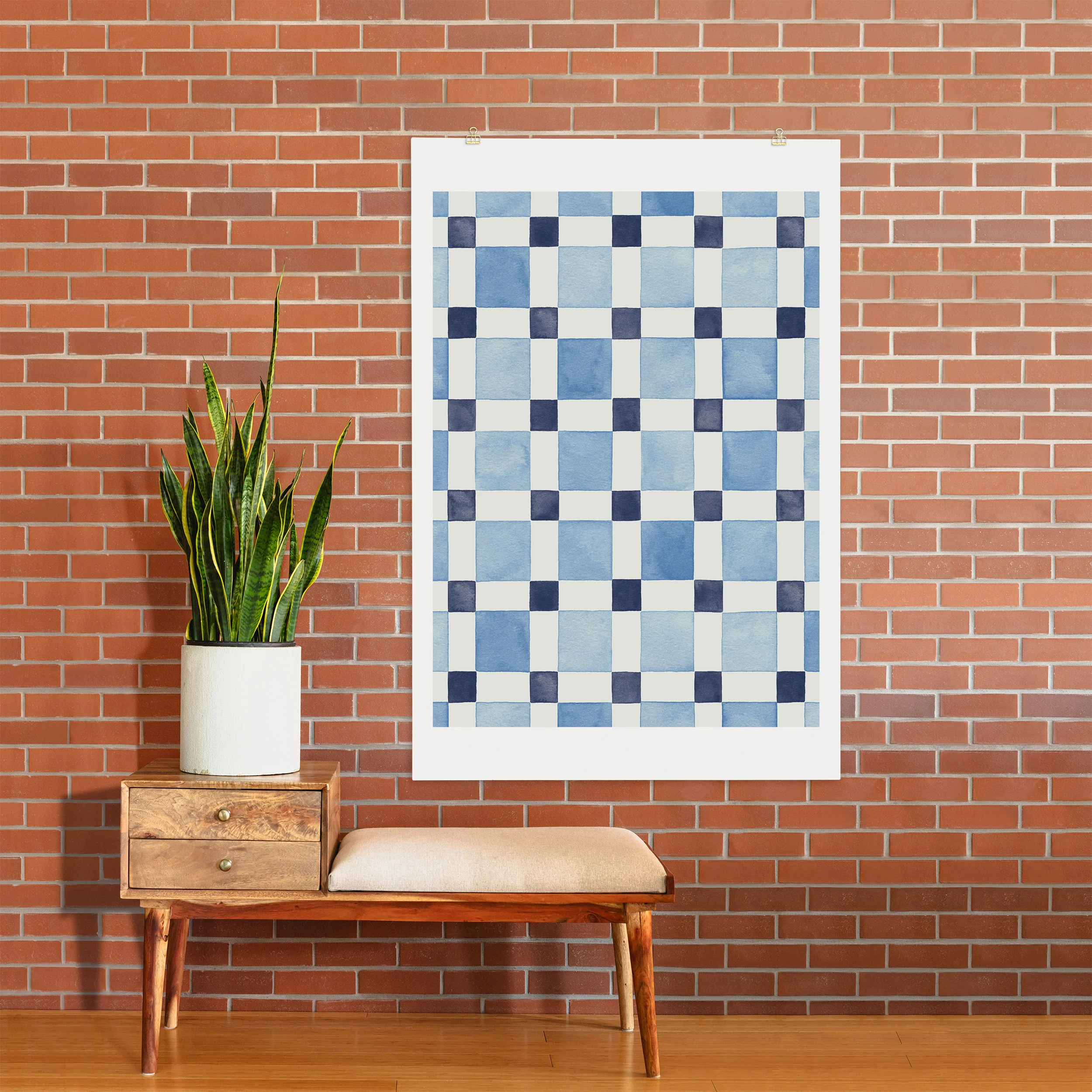 Ninola Design Checkerboard Mosaic Squares Blue Art Print - Image 26