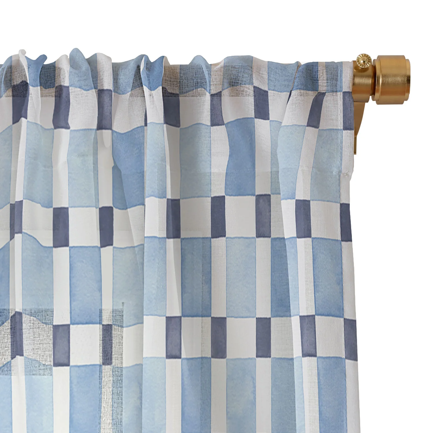 Ninola Design Checkerboard Mosaic Squares Blue Sheer Window Curtain - Image 3