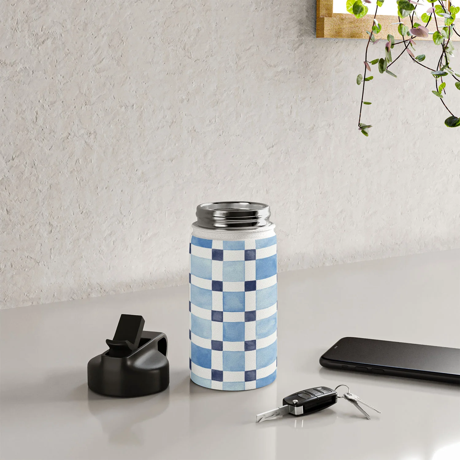 Ninola Design Checkerboard Mosaic Squares Blue Water Bottle - Image 8