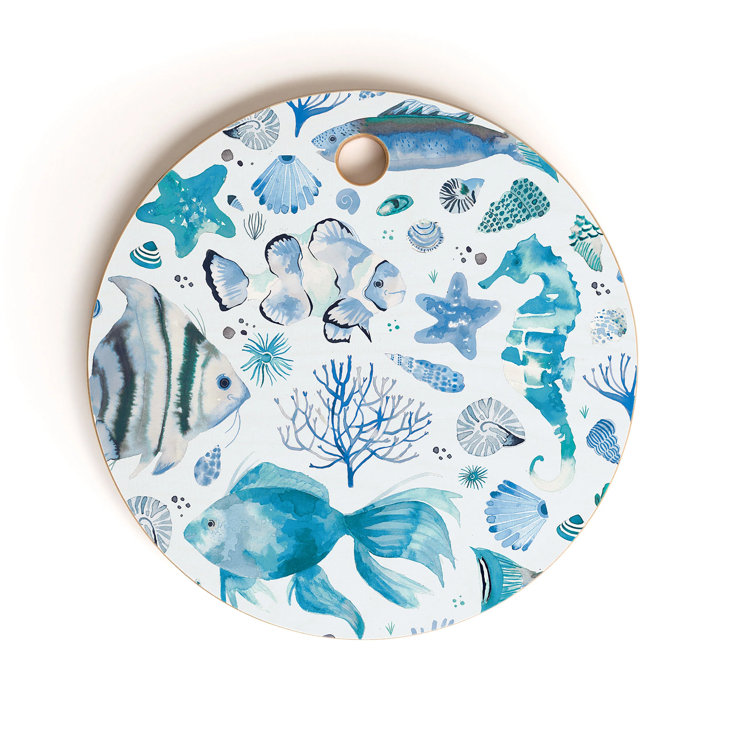 Ninola Design Fishes Shells Sea Horse Ocean Coastal Marine Blue Cutting Board Round