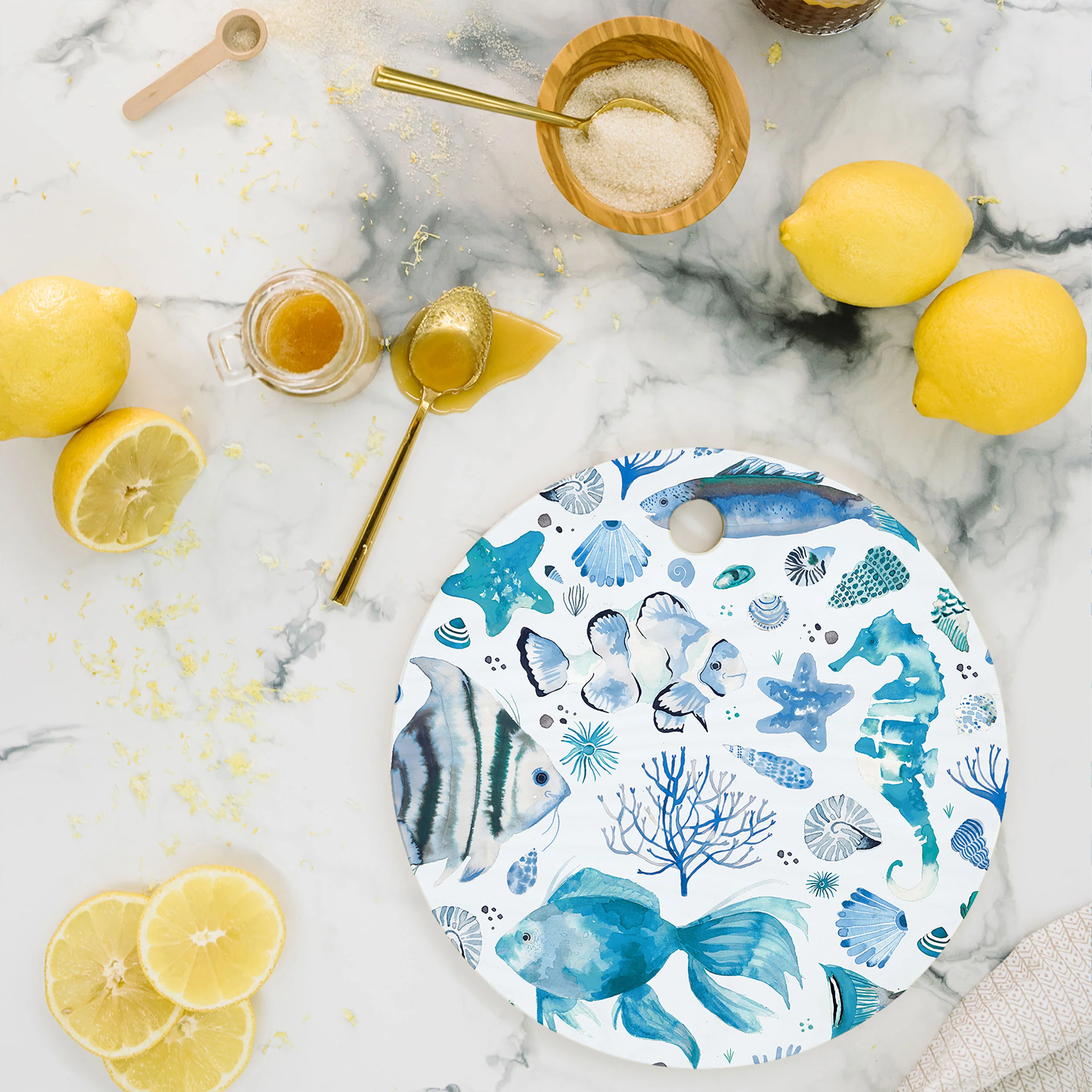 Ninola Design Fishes Shells Sea Horse Ocean Coastal Marine Blue Cutting Board Round - Image 2