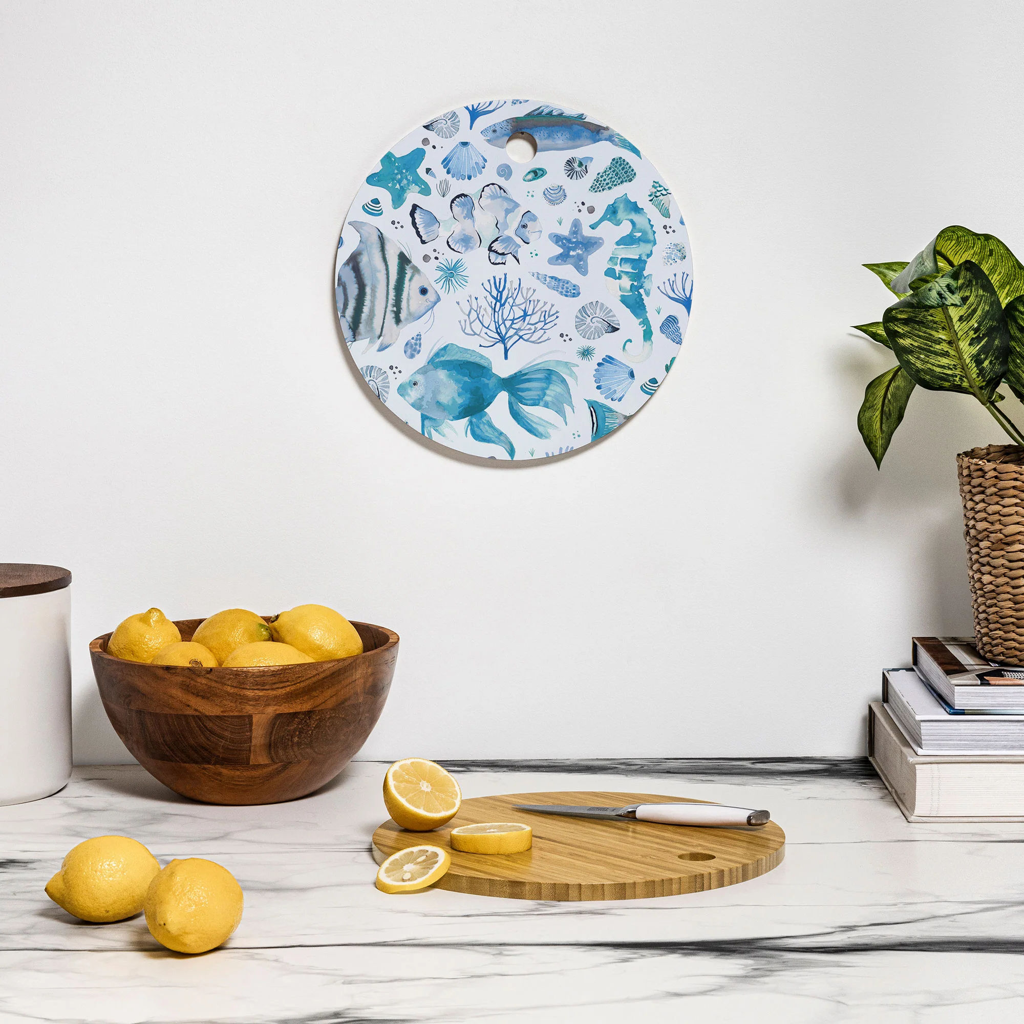 Ninola Design Fishes Shells Sea Horse Ocean Coastal Marine Blue Cutting Board Round - Image 3