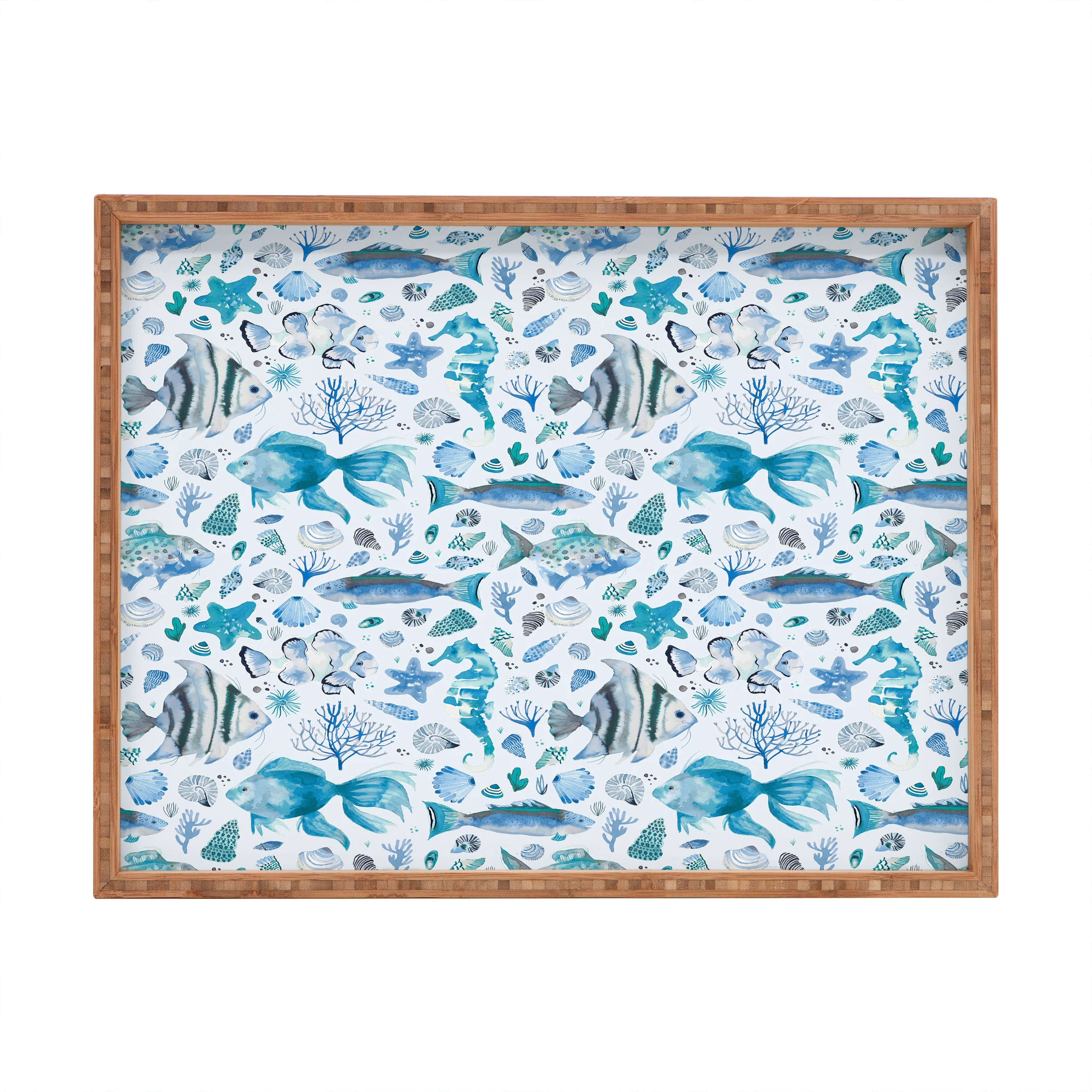 Ninola Design Fishes Shells Sea Horse Ocean Coastal Marine Blue Rectangular Tray