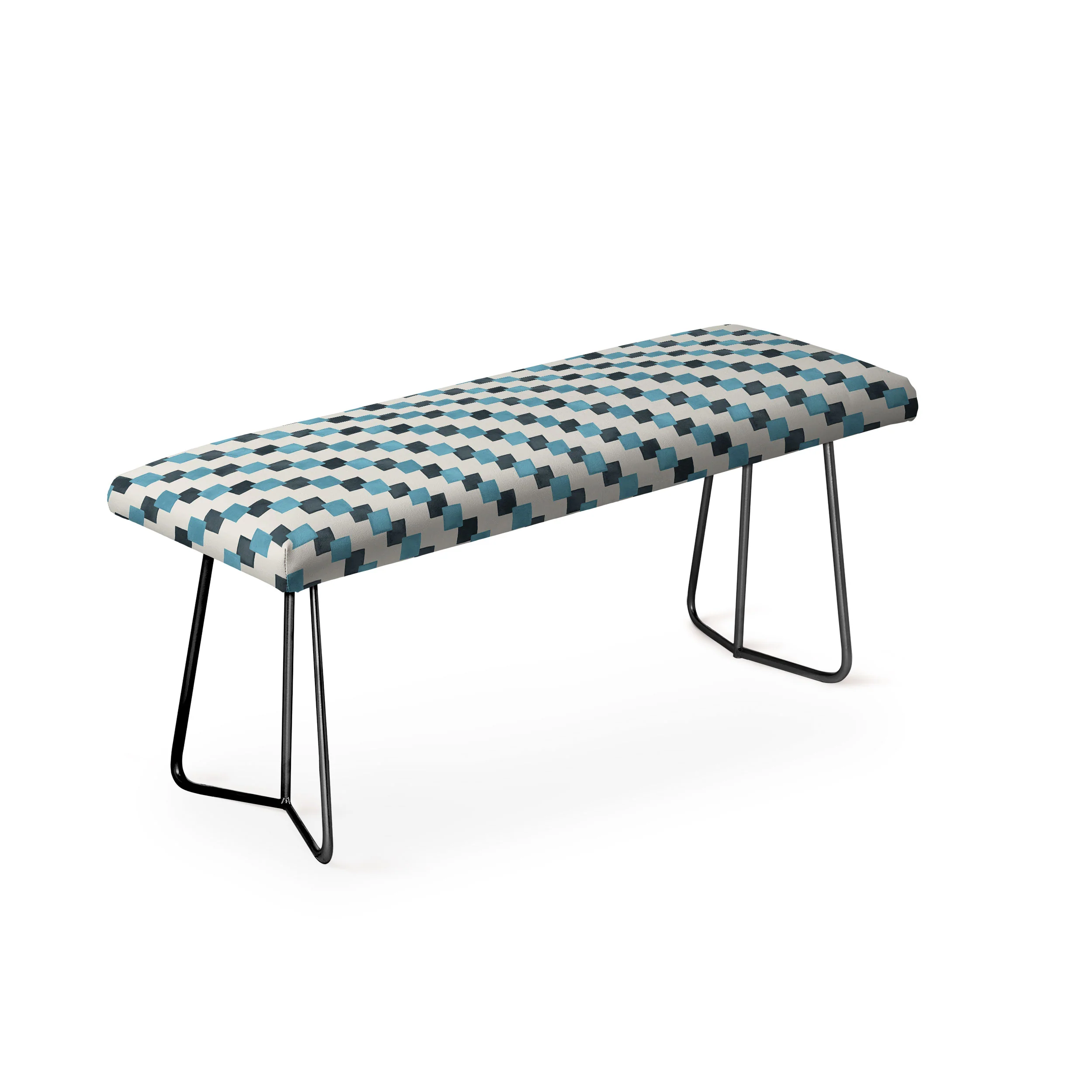 Ninola Design Geometric Watercolor Blue Navy Checkered Tiles Bench - Image 4