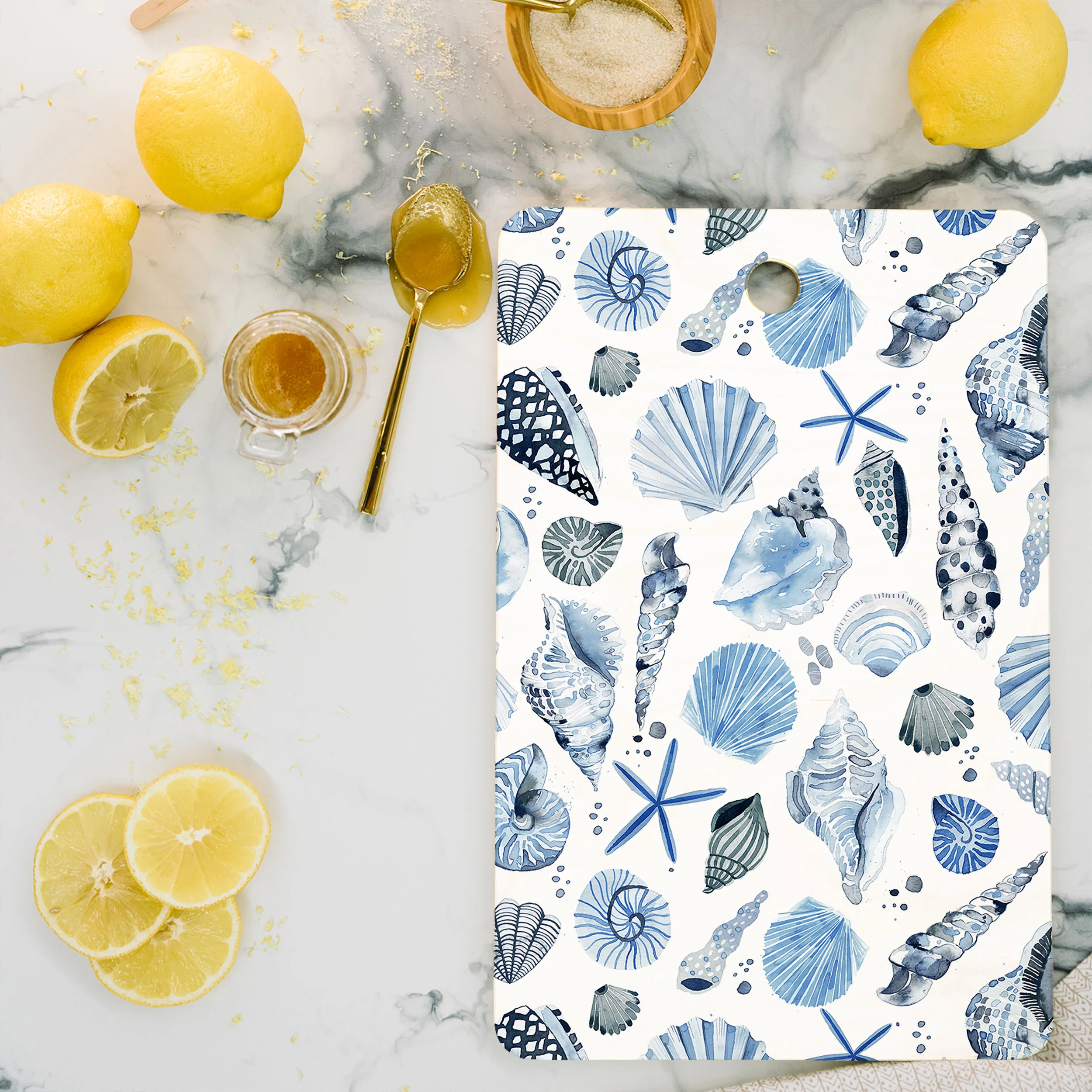 Ninola Design Sea Shells Ocean Marine Coastal Blue Indigo Cutting Board Rectangle - Image 2
