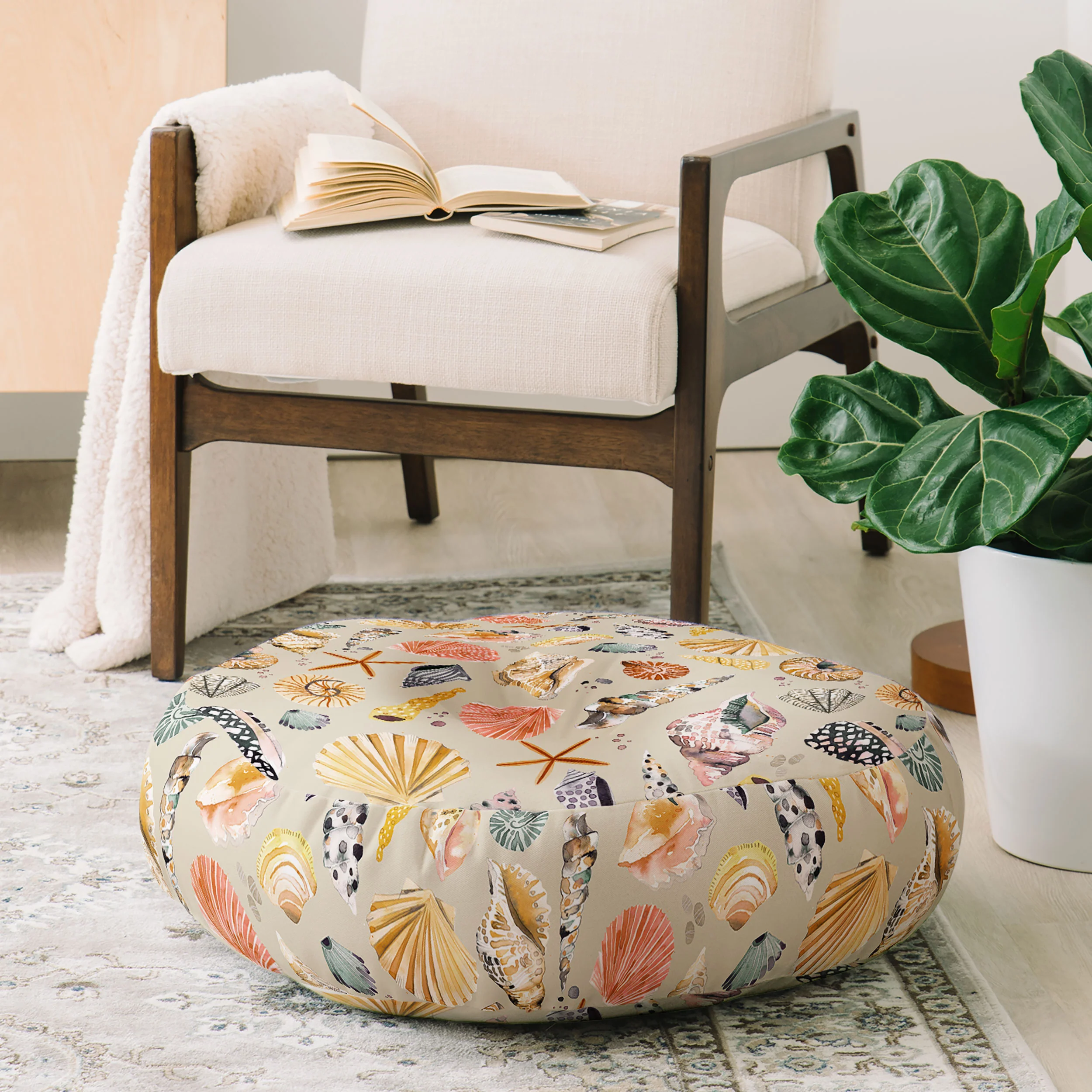 Ninola Design Sea Shells Ocean Marine Coastal Sand Floor Pillow Round - Image 2