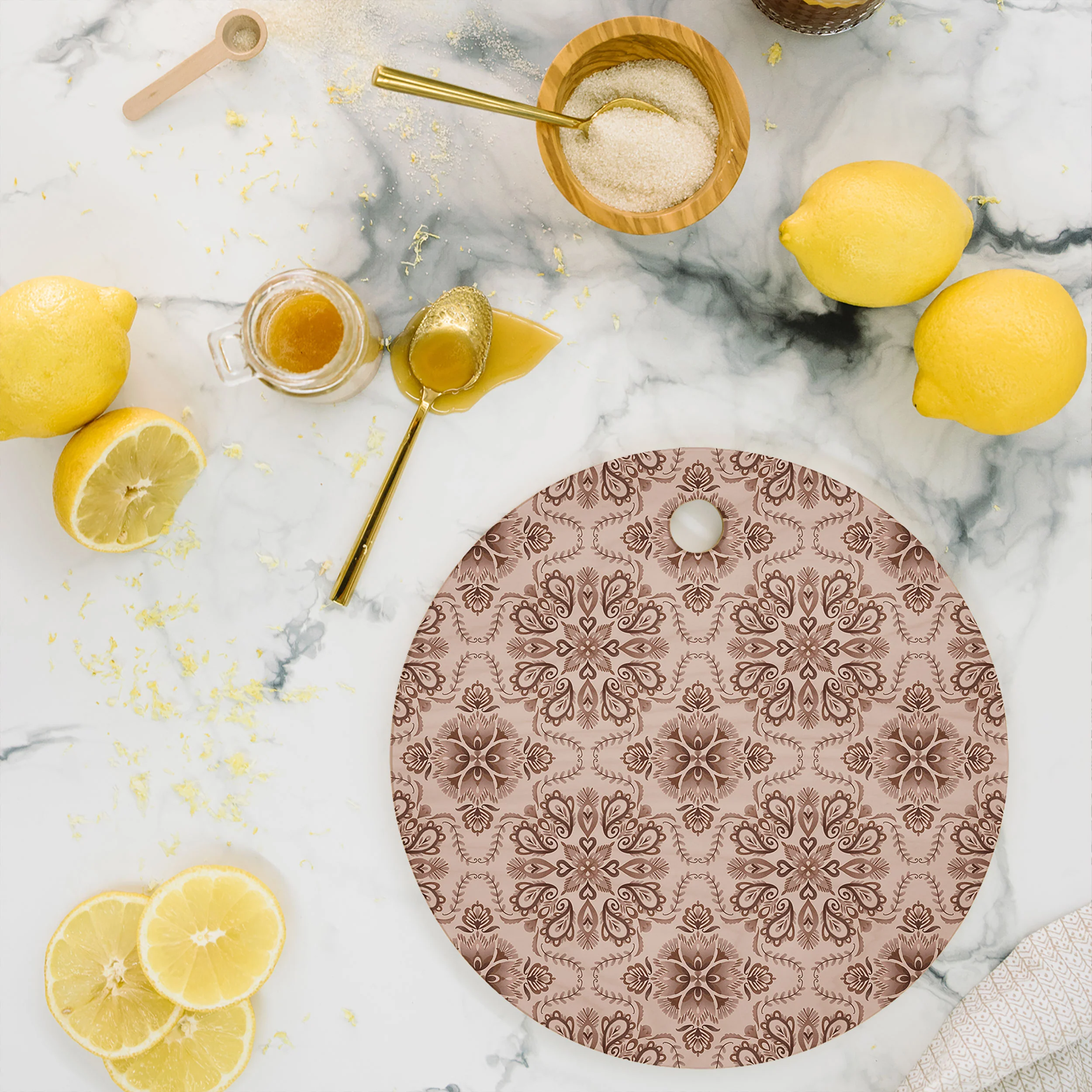 Pimlada Phuapradit Floral Tiles Light Brown Cutting Board Round - Image 2