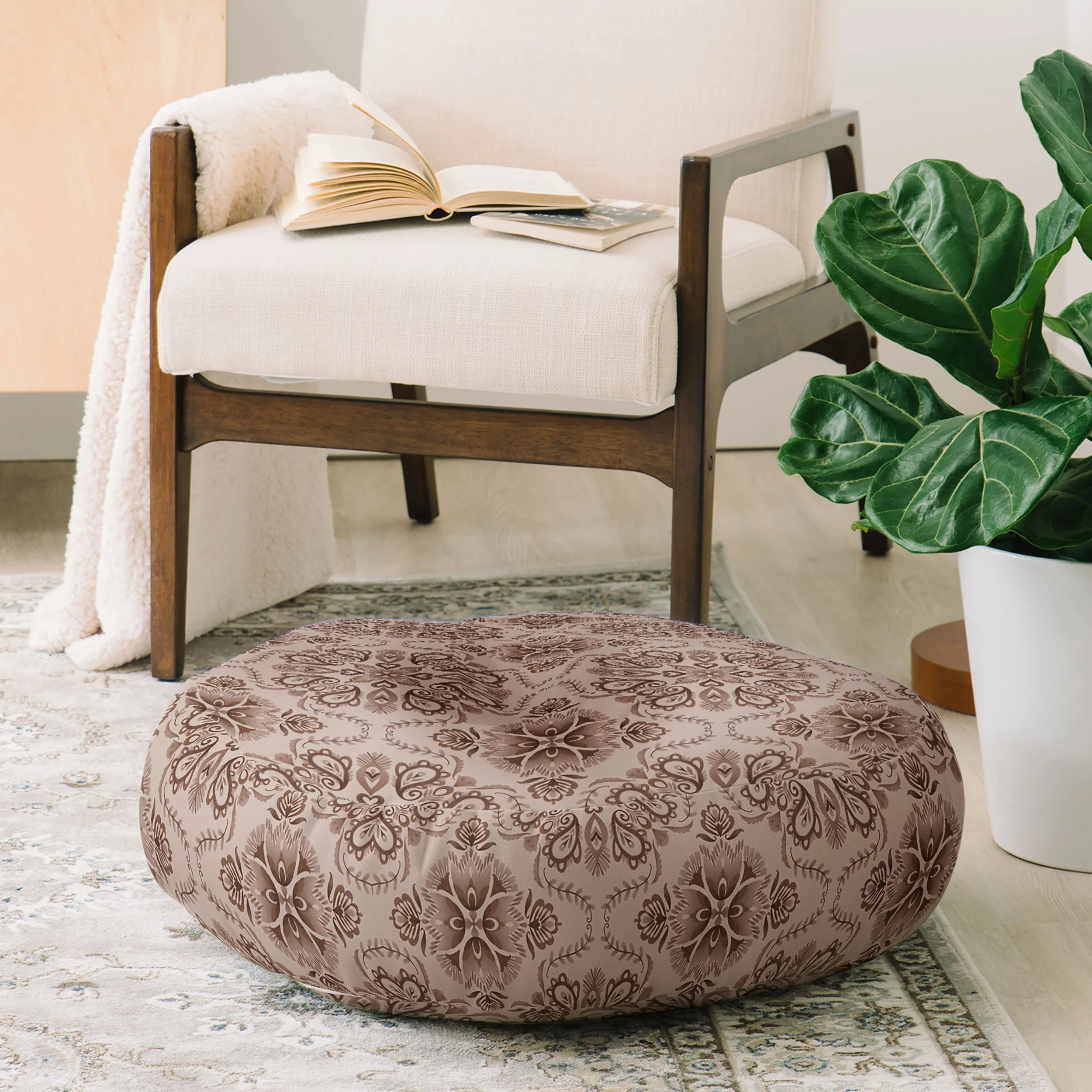 Pimlada Phuapradit Floral Tiles Light Brown Floor Pillow Round - Image 2