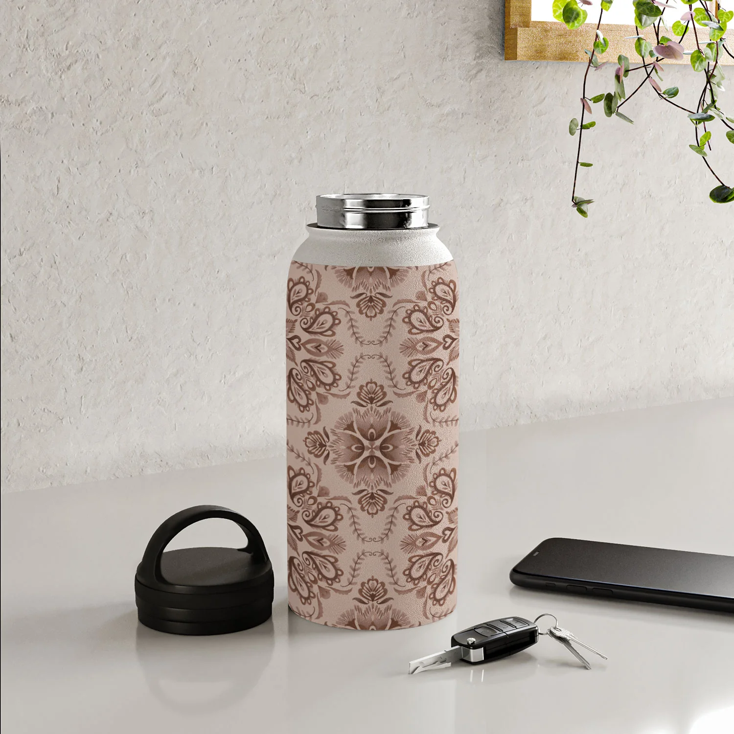 Pimlada Phuapradit Floral Tiles Light Brown Water Bottle - Image 36